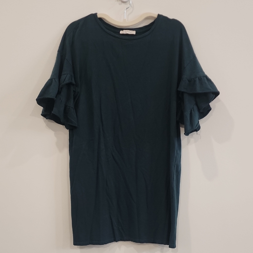 Zara Dark Teal Ruffle Sleeve Sweatshirt Dress, Size S